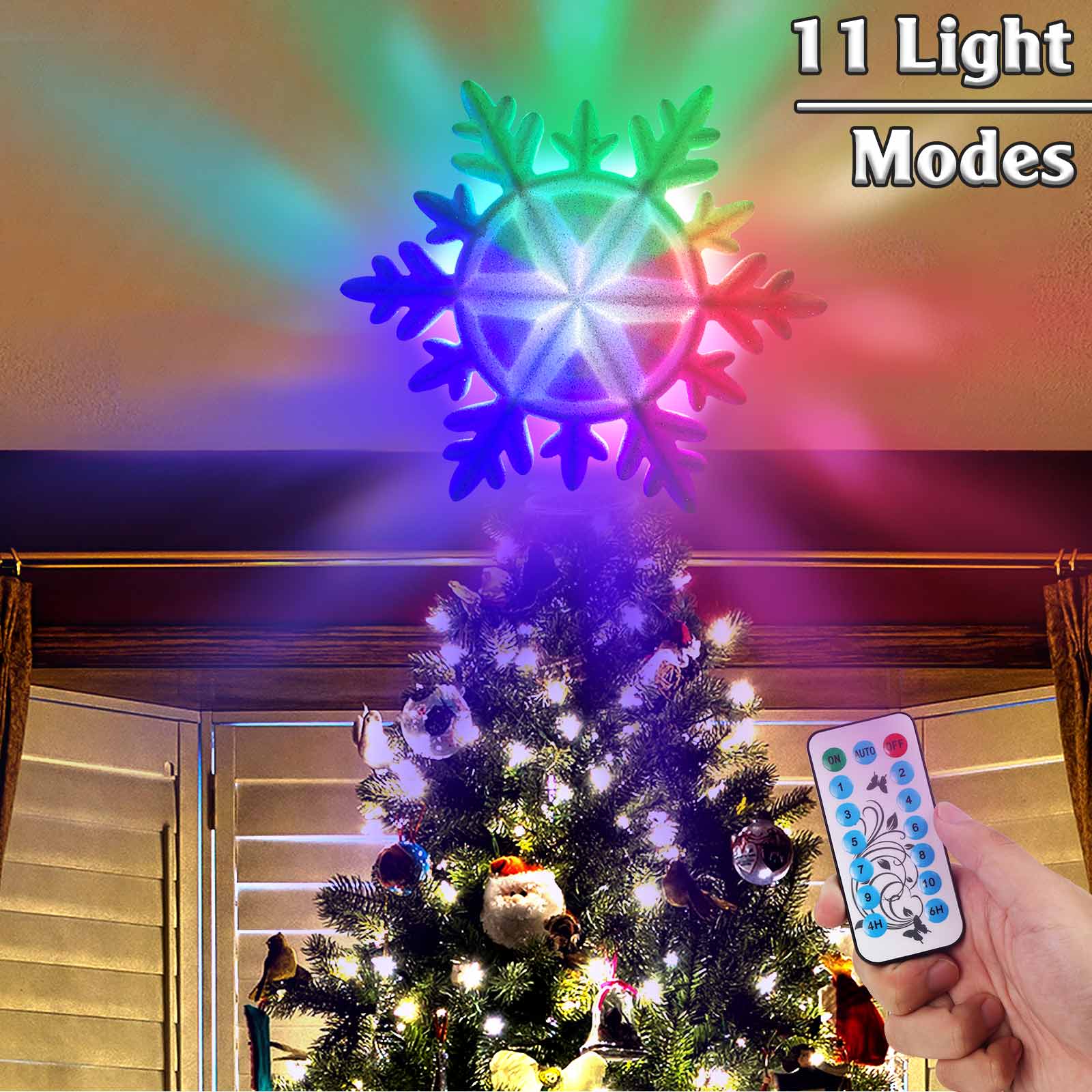 OurWarm Christmas Tree Topper Lighted with White Snowflake Projector Rotating 3D Glitter Lighted Christmas Decorations for Tree