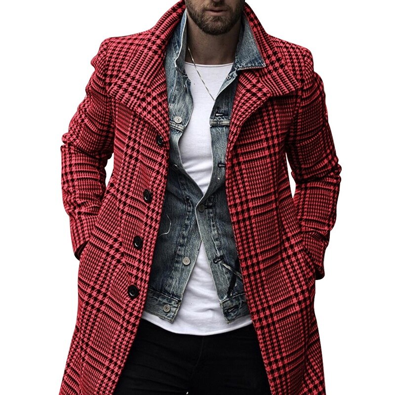 Trench-Coat Long à manches longues pour homme, manteau à carreaux, col à revers, pardessus , automne et hiver,: red / S