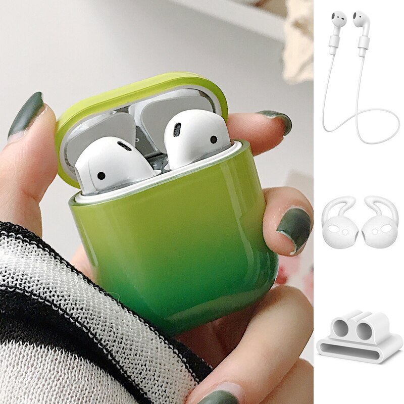 1/5PSC chiaro caso per caso sveglio di airpods Liscia gradiente della copertura per airpods 2 di tappo per orecchie Anti-perso rope copertura di caso di sport per airpods 2 caso: Set B Green-Green