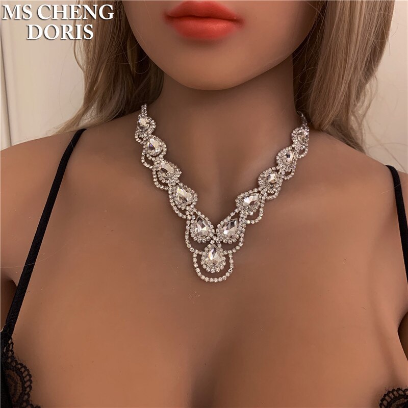 Luxury Royal Blue Crystal Bridal Jewelry Sets Rhinestone Statement Choker Necklace Earrings Women Wedding Jewelry Sets