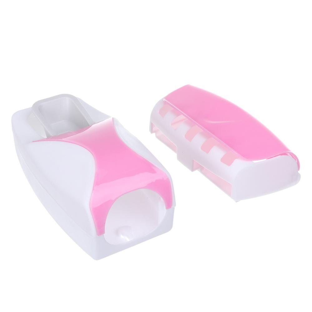 Soporte Set de accesorios de baño para cepillo de dientes, dispensador automático de pasta dental, estante de montaje en pared, utensilios para el baño: Rosa