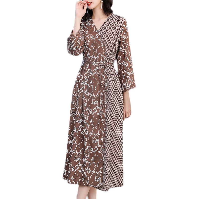 Vestido Midi de seda de morera para mujer, prenda de manga larga con estampado de primavera y verano, estilo coreano e informal para y oficina, 2022