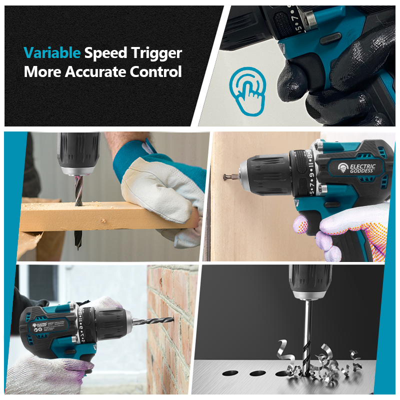 Taladro inalámbrico de 1/2 pulgada y 1700RPM, taladro percutor compacto, motor sin escobillas, accionamiento eléctrico de litio, adecuado para batería Makita de 18V