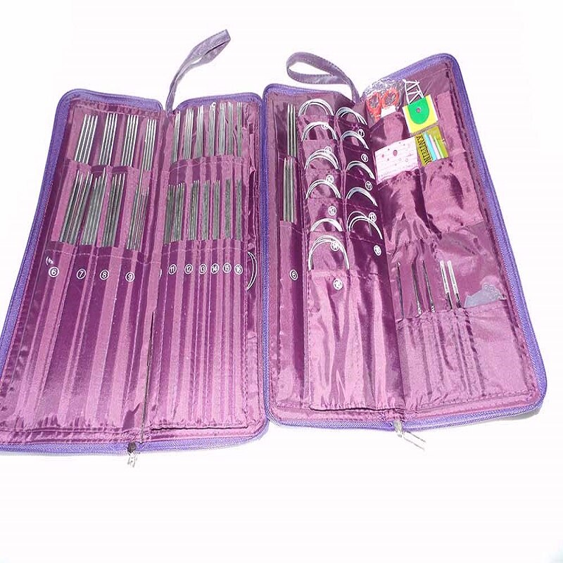 Stainless Knitting Needle Set 25cm 35cm Straight Needle Set 80cm Circular Needle Set Crochot Hooks DIY Knitted Tool Set PU Bag