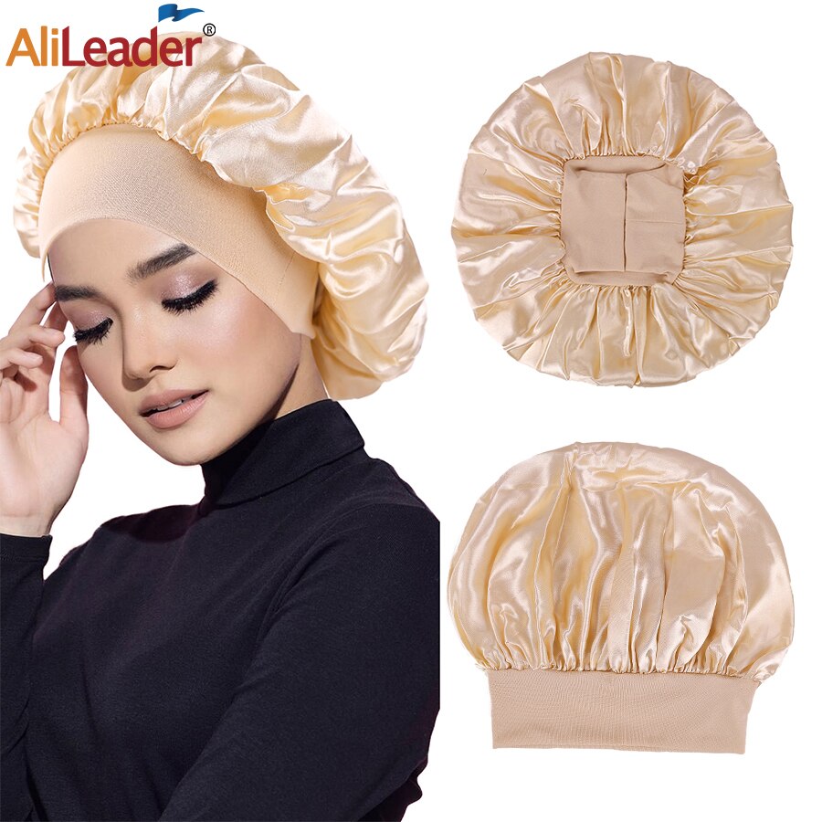 Wide Elastic Band Women Satin Night Sleep Cap Hair Bonnet Hat Silk Head Cover Women&#39;s Satin Solid Sleeping Hat Night Sleep Cap