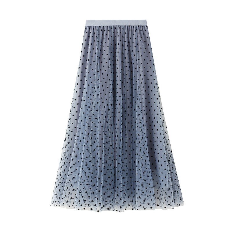 Jupe longue en Tulle pour femmes, Vintage, à pois, noir, kaki, gris, bleu marine, WF0123, été