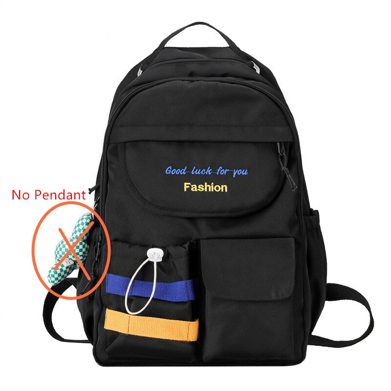Fengdong teenage girls waterproof school backpack student high school bags female black notebook backpack girl large book bag: Black-No Pendant