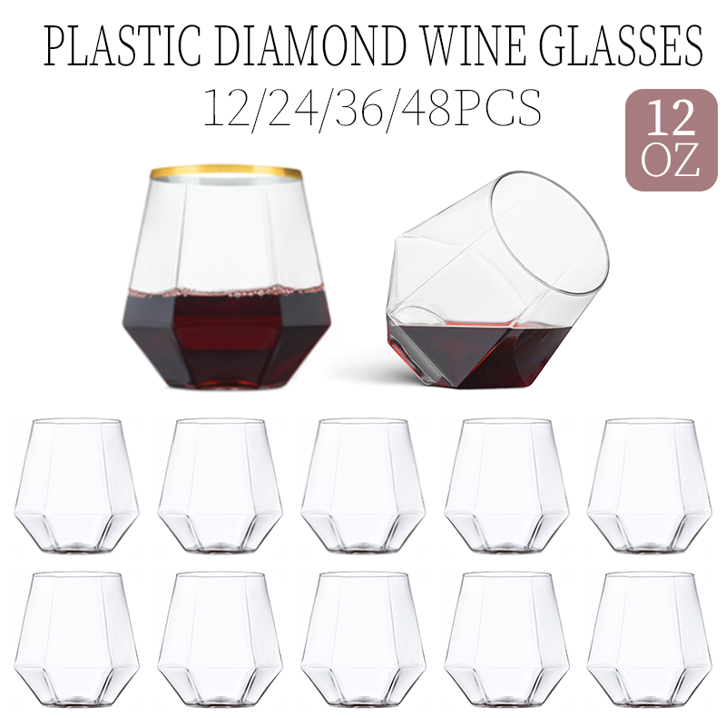 Copas de vino de plástico con diamantes, vasos de plástico desechables sin tallo, cóctel de whisky para , barras de recolección de cumpleaños, 12oz, 12-48 Uds.