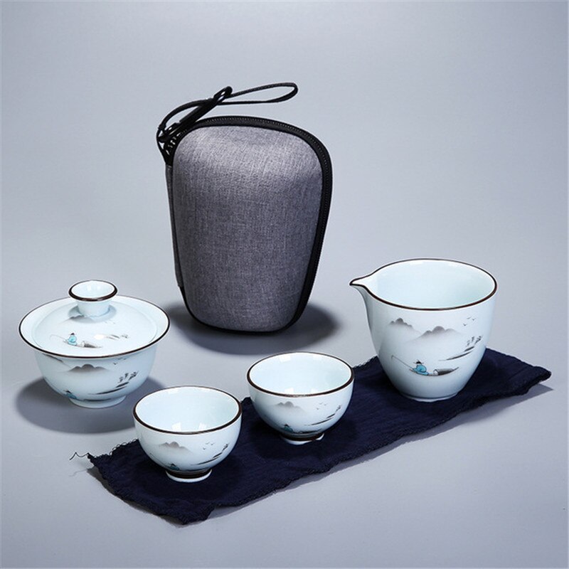 Chinese Kung Fu Tea Set Ceramic Portable Teapot Set Travel Gaiwan Tea Cups of Tea Ceremony Teacup Fine With Travel Bag: white