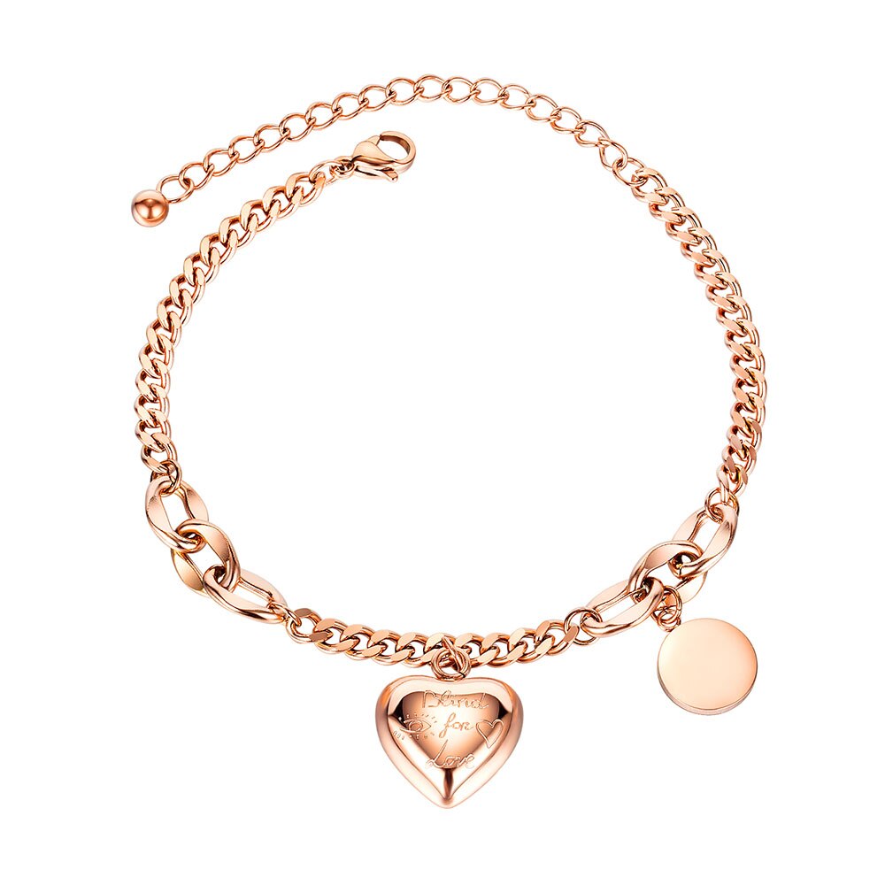 Lokaer Mode Roestvrij Staal Liefde Hart & Ronde Tag Charm Armbanden Voor Vrouwen Meisjes Bohemen Ketting Armband Sieraden B20097: Rose Goud Kleur