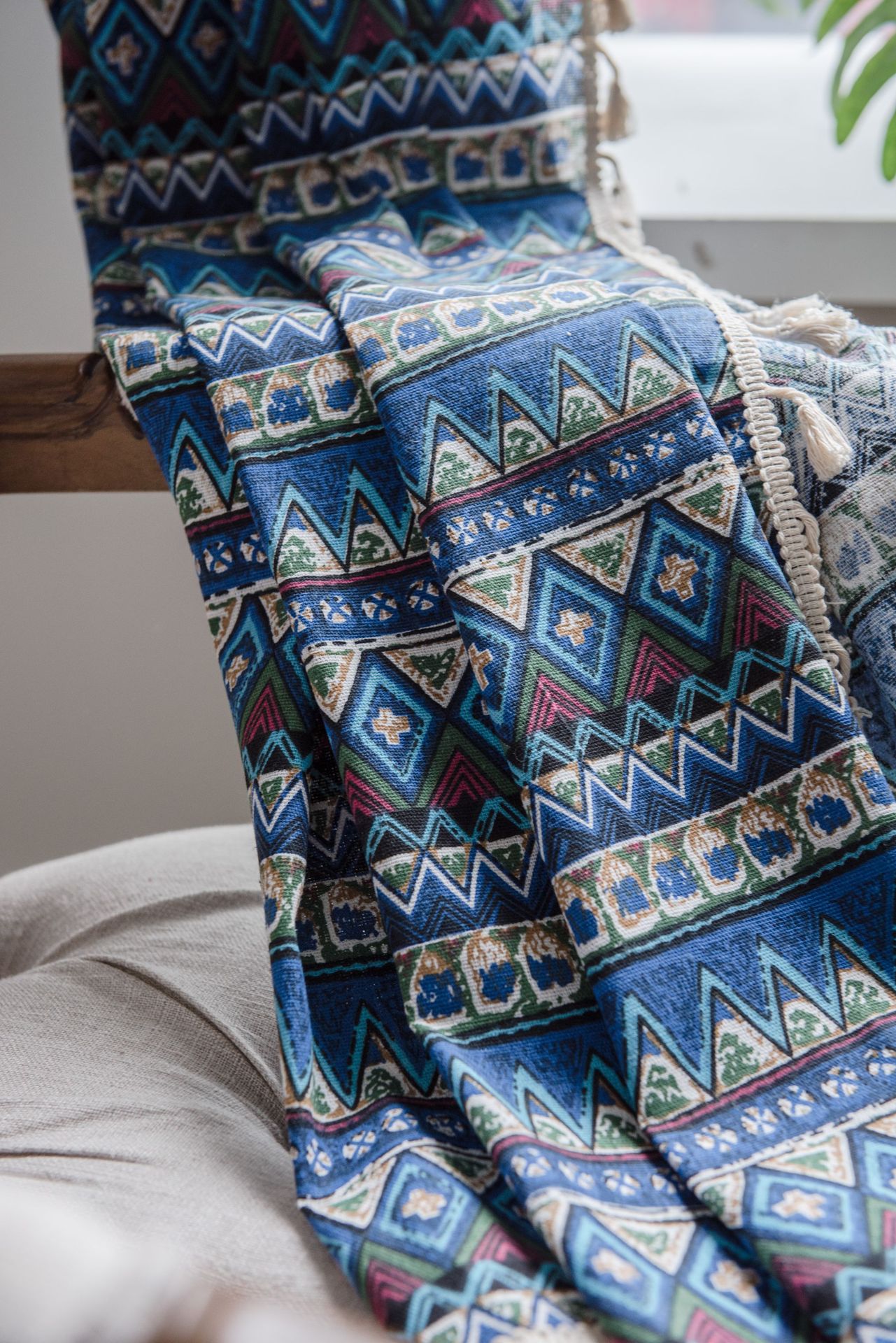 Geometric Finished Printing Blue Bohemian Curtain Cotto- Linen Curtain Semi-shading Bay Blackout Window Bedroom Living Room