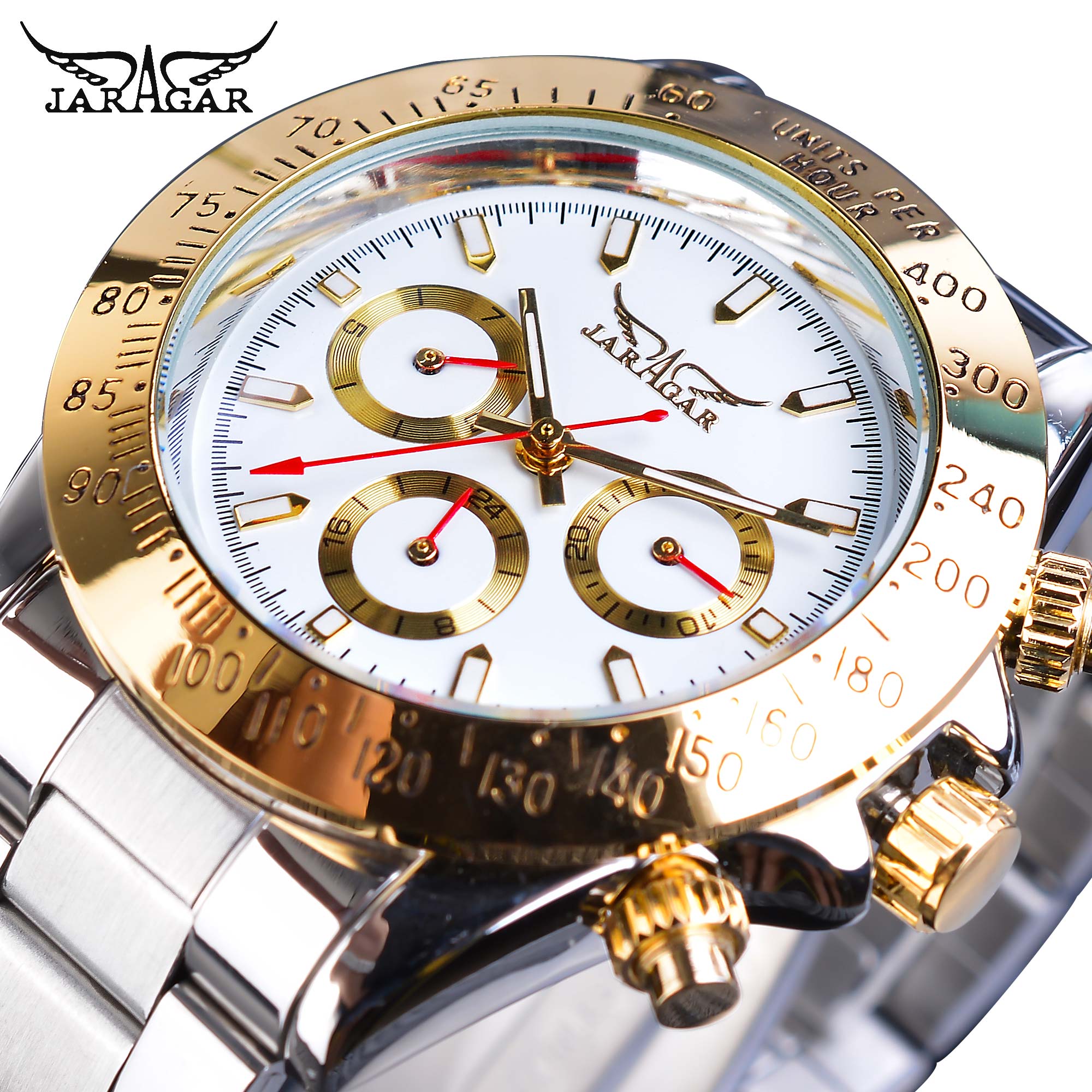 Jaragar Montre Homme Mens Watches Automatic Golden Stainless Steel Date Sports Mechanical Wristwatch Clock Relogio