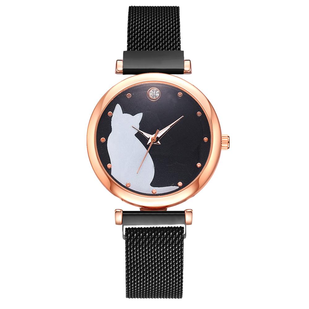 5 st/set dam klockor roséguld armband set kattmönster svart magnet klocka dam armband armbandsur lyx kvarts klocka: 1pc svarta klocka