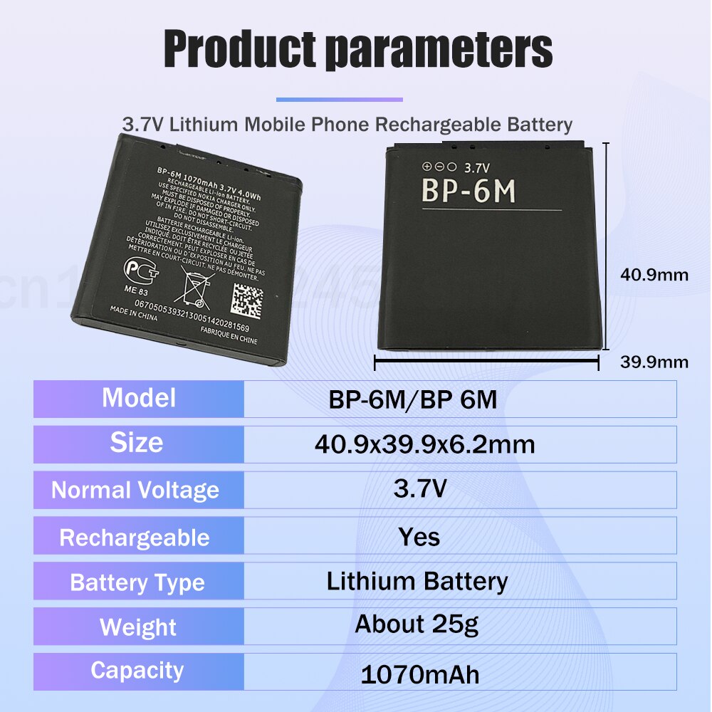 Batería de litio de repuesto para teléfono Nokia, 3,7 V, 1070mAh, BP-6M, BP6M, BP, 6M, 6233, 6280, 6288, N73, N77, N93, N93S, 1 ud.