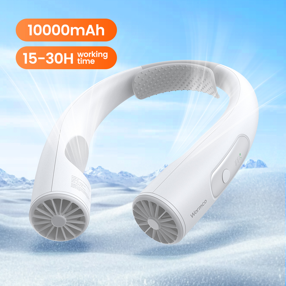 Warmco 10000 mAh tragbarer Nackenventilator, wiederaufladbarer persönlicher Ventilator mit 4 Geschwindigkeiten, 360 ° Kühlender tragbarer 24-Stunden-Laufzeitventilator für Büro- und Reisegeschenke