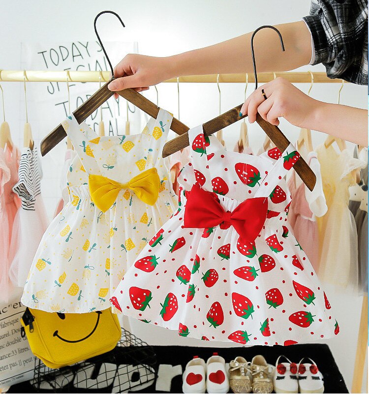 Baby Meisjes Jurken Zomer Kinderkleding Set Mouwloze Aardbei Print Prinses Jurk + Hoed Baby Pasgeboren Strand Jurk