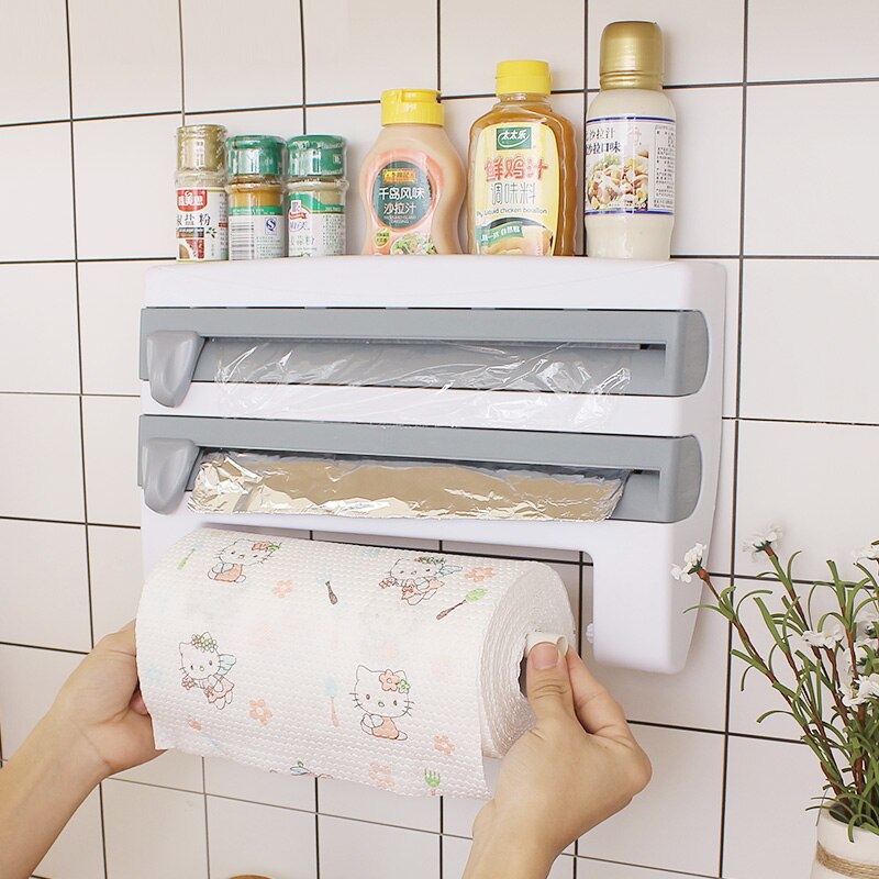 Køkken køleskab plastfolie opbevaringsholder tinfolier papir dispenser skærehylde tinfolier papirskærer arrangør