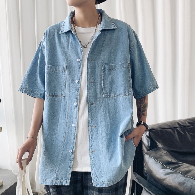 Zomers spijkerhemd met korte mouwen heren gewassen retro katoenen overhemd heren streetwear losse tooling spijkerhemden heren m -2xl