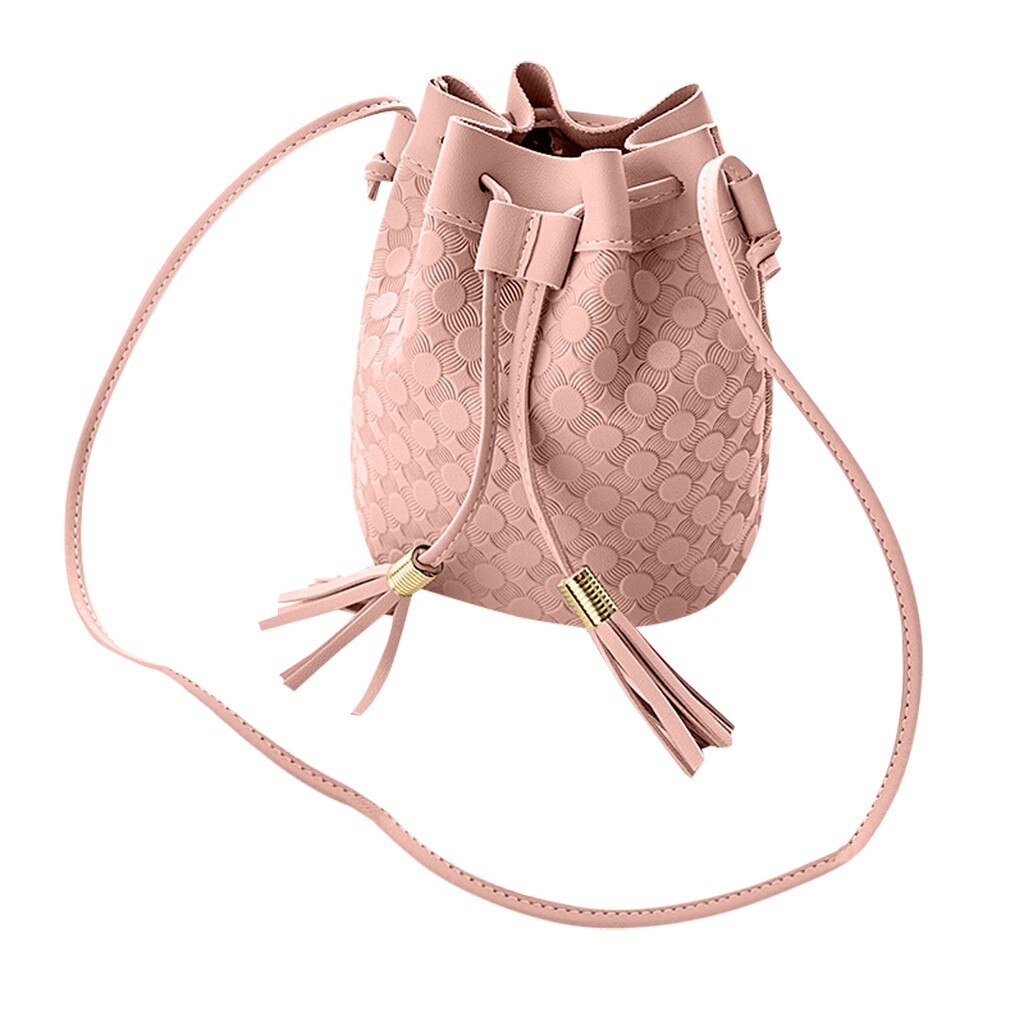 Vintage liten kvinnor läder bucket väska handväska tofs dragsko axelväska messenger crossbody väskor plånböcker: Rosa