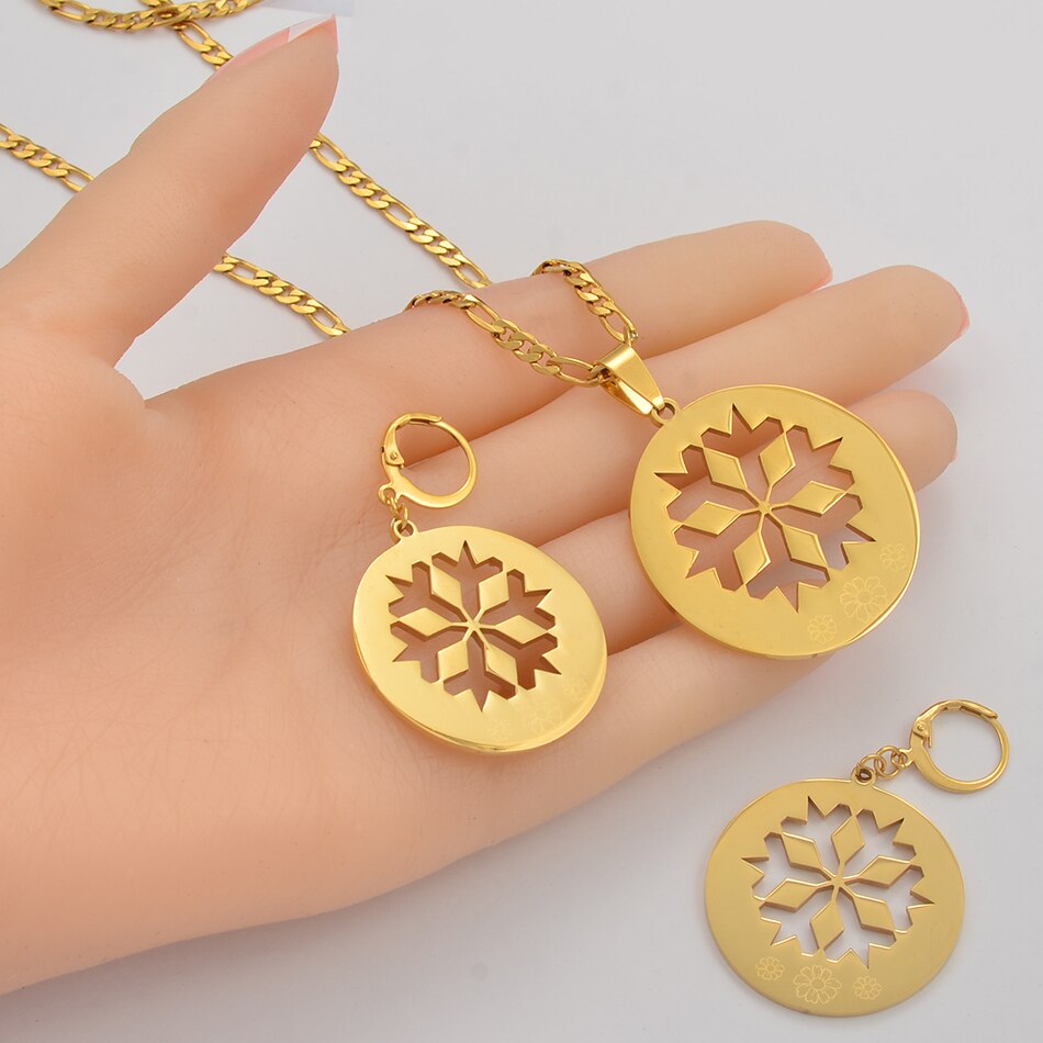 Anniyo Flower sets Pendant Necklaces and Earrings Jewellery se for Women Gold Color Hawaii Marshall Pohnpei Guam Kundu #078621P