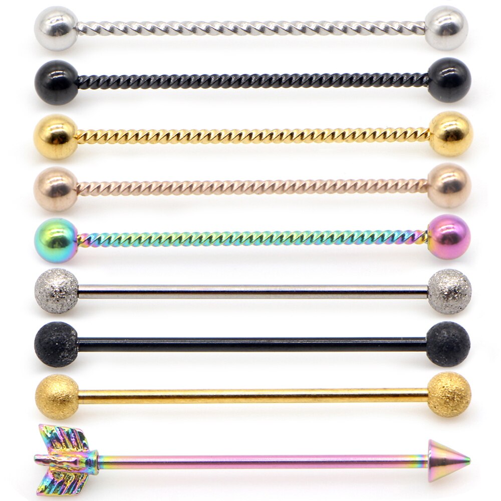 14G 1pc Stainless Steel Industrial Barbell Earrings Twisted Matte Rainbow Ear Cartilage Helix-Conch Piercing Jewelry