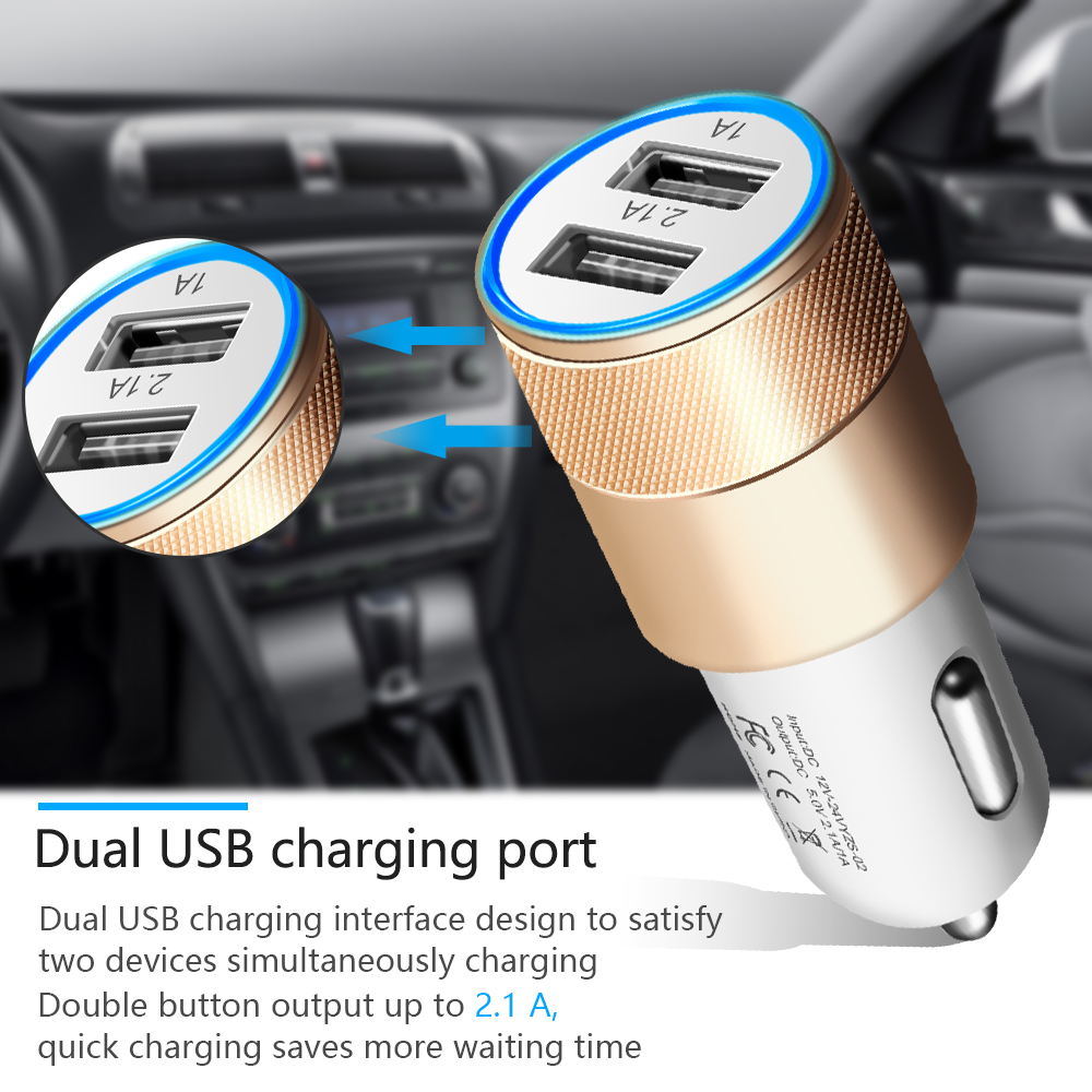 クラウチ 5 ボルト 2.1A デュアル USB 車の充電器金属合金高速自動車電話充電アダプタ iphone の Xiaomi サムスン huawei 社 HTC LG 充電器