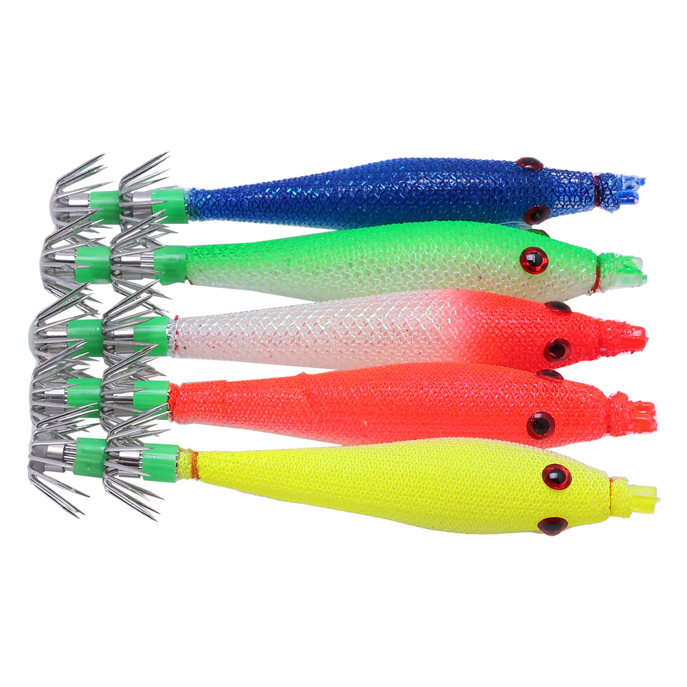 Señuelos de pesca fluorescentes, 5 uds., 6cm, 7cm, 9cm, 11cm, anzuelo de calamar, plantillas de sepia, cebo, camarones de madera, aparejos de pesca de mar ﻿