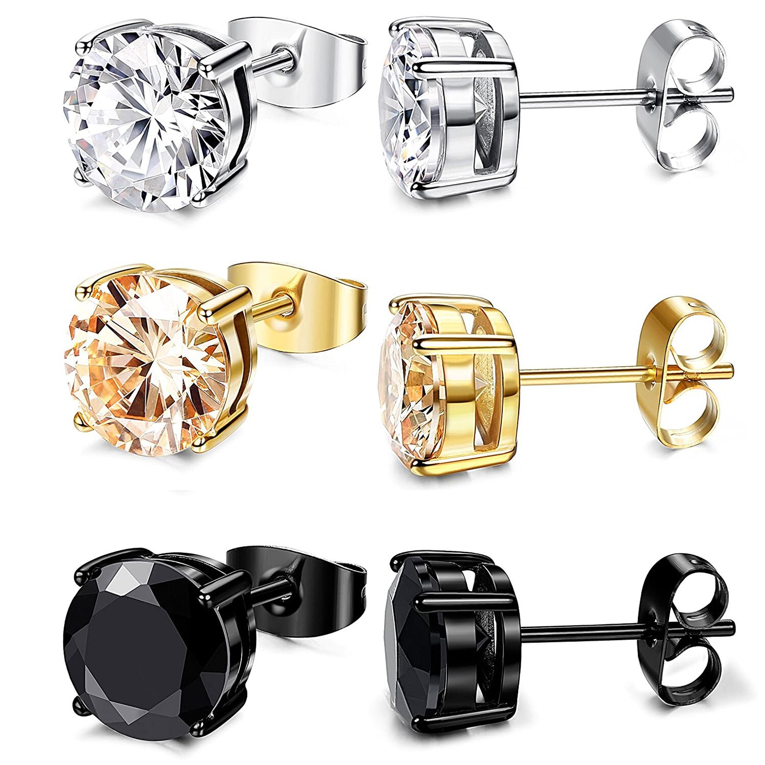 9 Pairs Stainless Steel CZ Stud Earrings Hoop Earrings Gauge Earrings Set for Men Women piercing earrings: 3 Pairs Set-C
