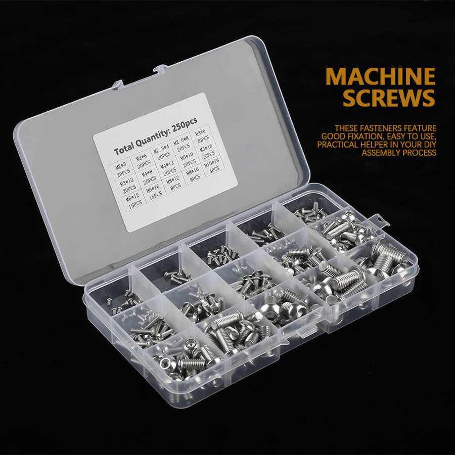 Machine Screws Set 250pcs M2/ M2.5/ M3 /M4/ / M6/ M8/ M10 Machine Screws Set For