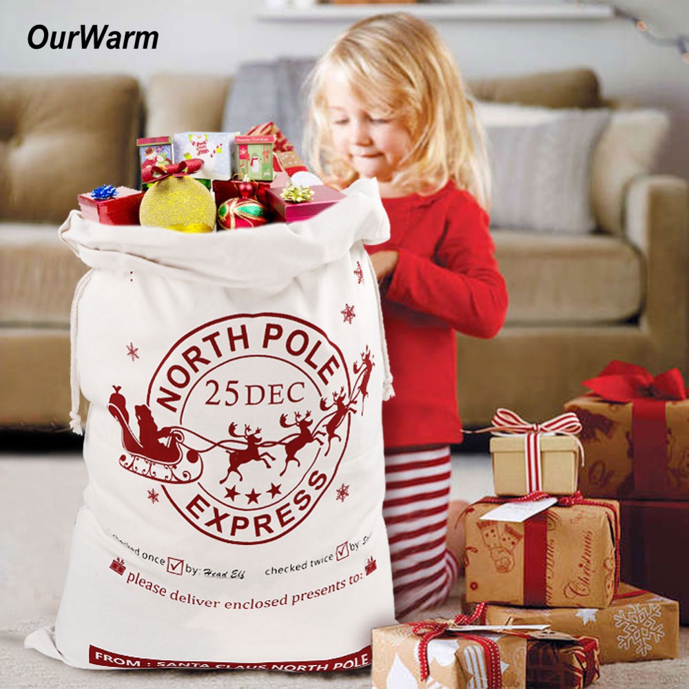 Ourwarm lærred julemandsposer med snøre jul store hessian jute julesække år forsyninger 50 x 70cm