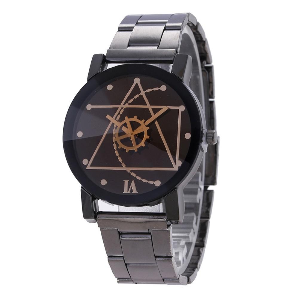 Uitverkoop! heren dames lovers gear ronde wijzerplaat roestvrijstalen band analoog quartz polshorloge: Mannen een