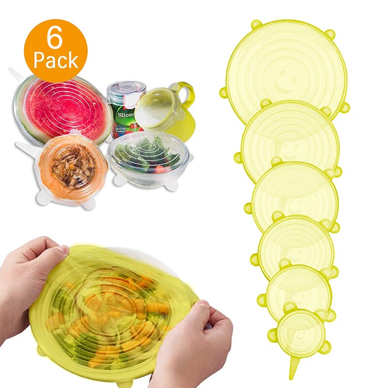 Tapas elásticas de silicona de cobertura completa, cubiertas herméticas para envolver alimentos, utensilios de cocina elásticos con sello fresco, 6 uds.: Yellow
