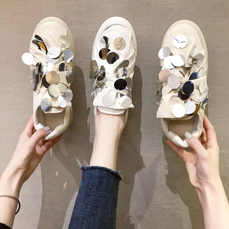 Grunne munn glitter sko all-match casual kvinnelige joggesko shose kvinner dame runde tå espadrilles plattform