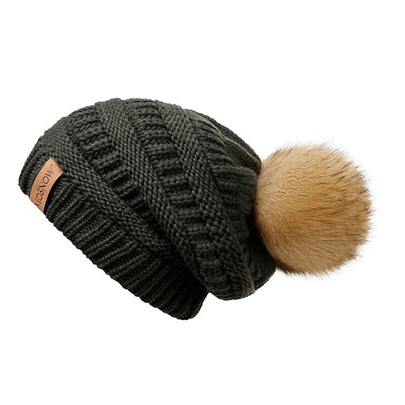 Vinterhue kvinde hue pompon pels pompon hatte skullies afslappet damekasket strikket hue pigehue hunhat: Militærgrøn