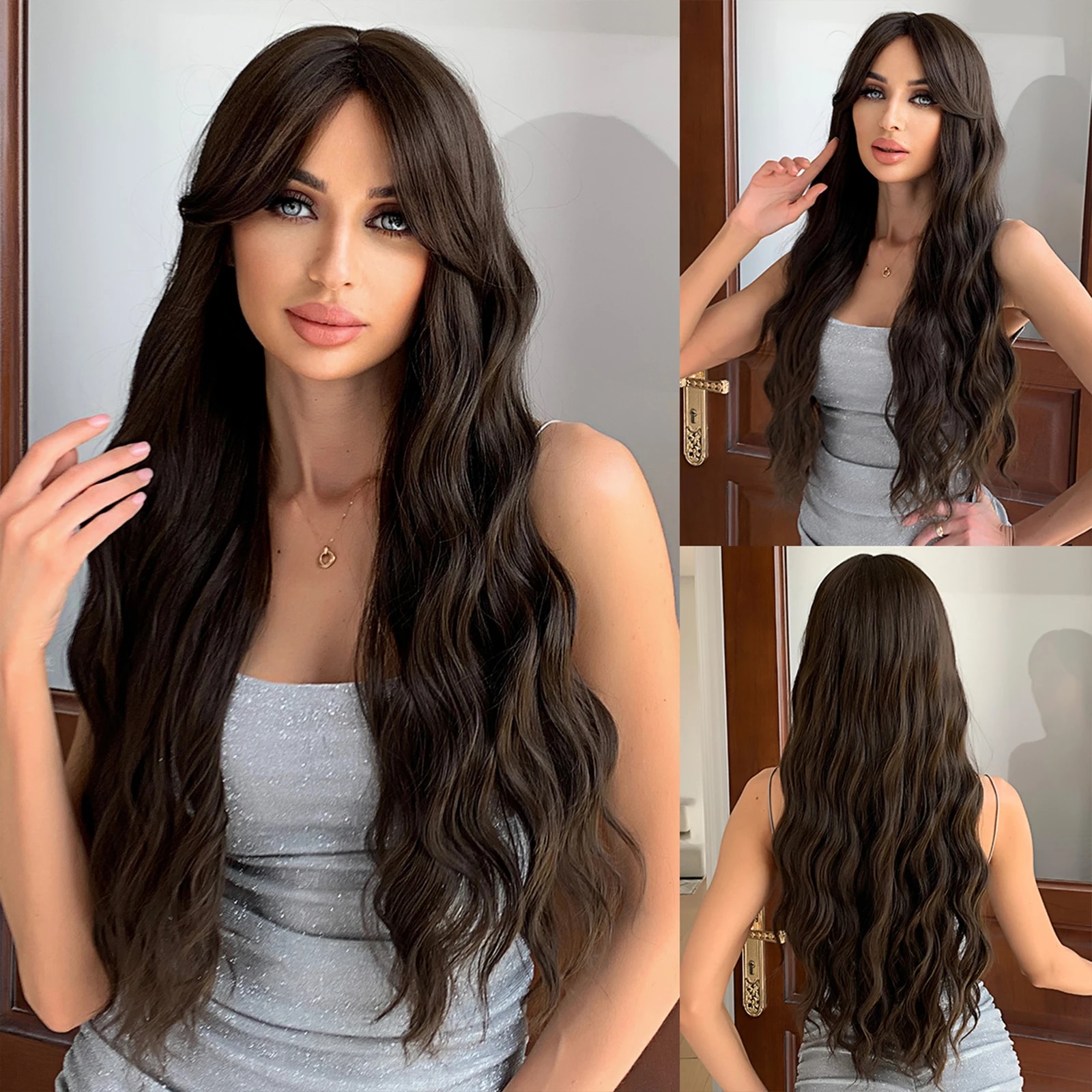 Perruque Synthétique Longue Ondulée Orange pour Femme, Cheveux Naturels Ondulés avec Longue Frange, Perruques de ixCosplay, Degré de Chaleur: # 1B