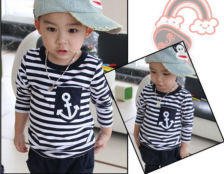 Marine Navy Sailor Boys Tracksuits 100% Cotton Children's T-Shirts Trousers Sets Stripe Boy Sweatshirts Pant Suit