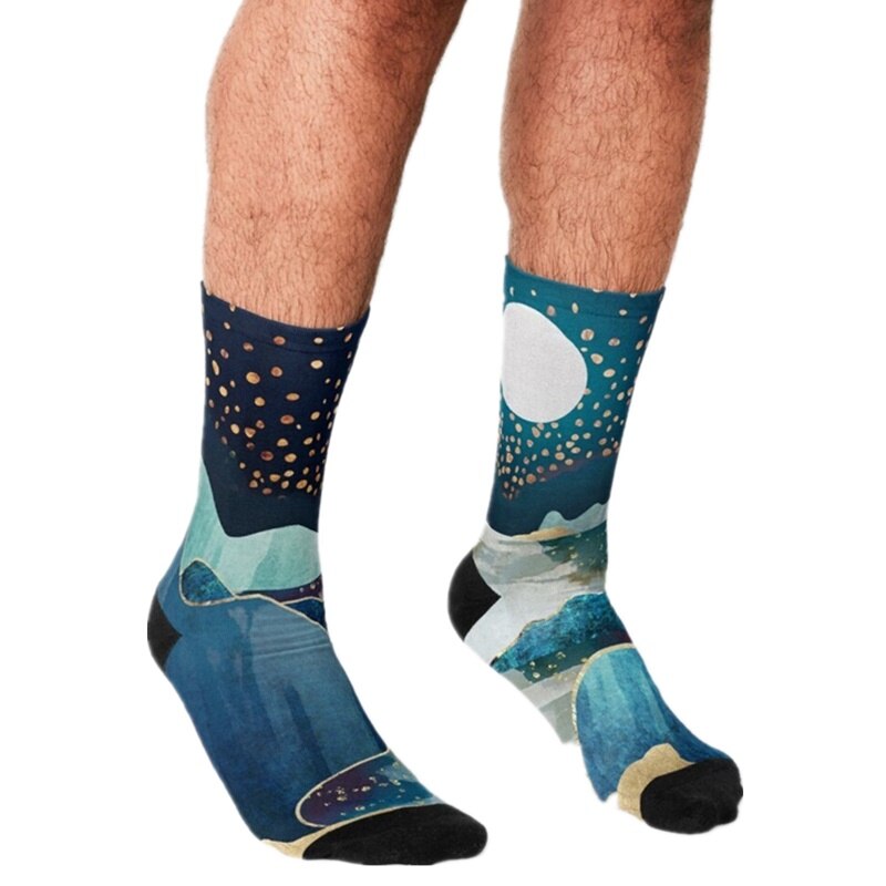 Grappige Mannen Sokken Maan Glow Night Strand Gedrukt Hip Hop Mannen Gelukkig Sokken Leuke Jongens Street Style Crazy sokken Voor Mannen: W92