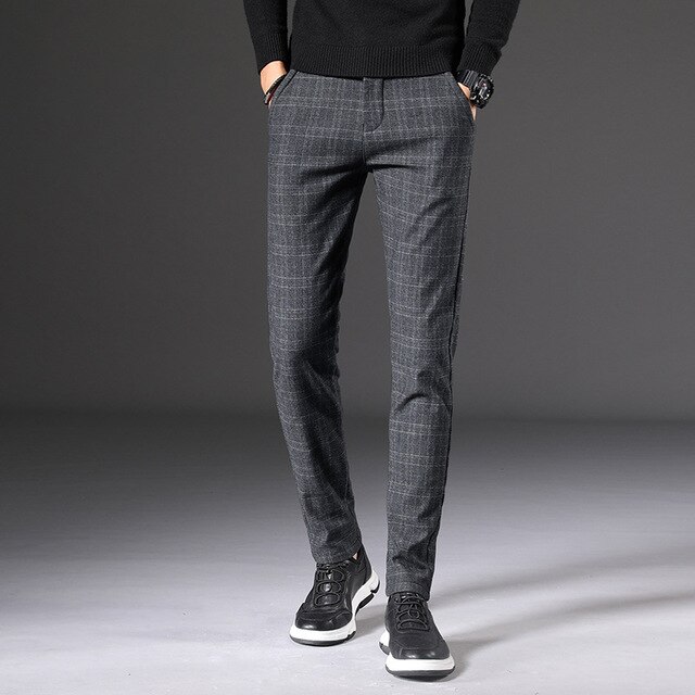 Herfst Lente Pak Broek Mannen Slim Fit Zwart Grijs Plaid Formele Jurk Broek Plus Size Business Casual Heren broek: Grijs / 30