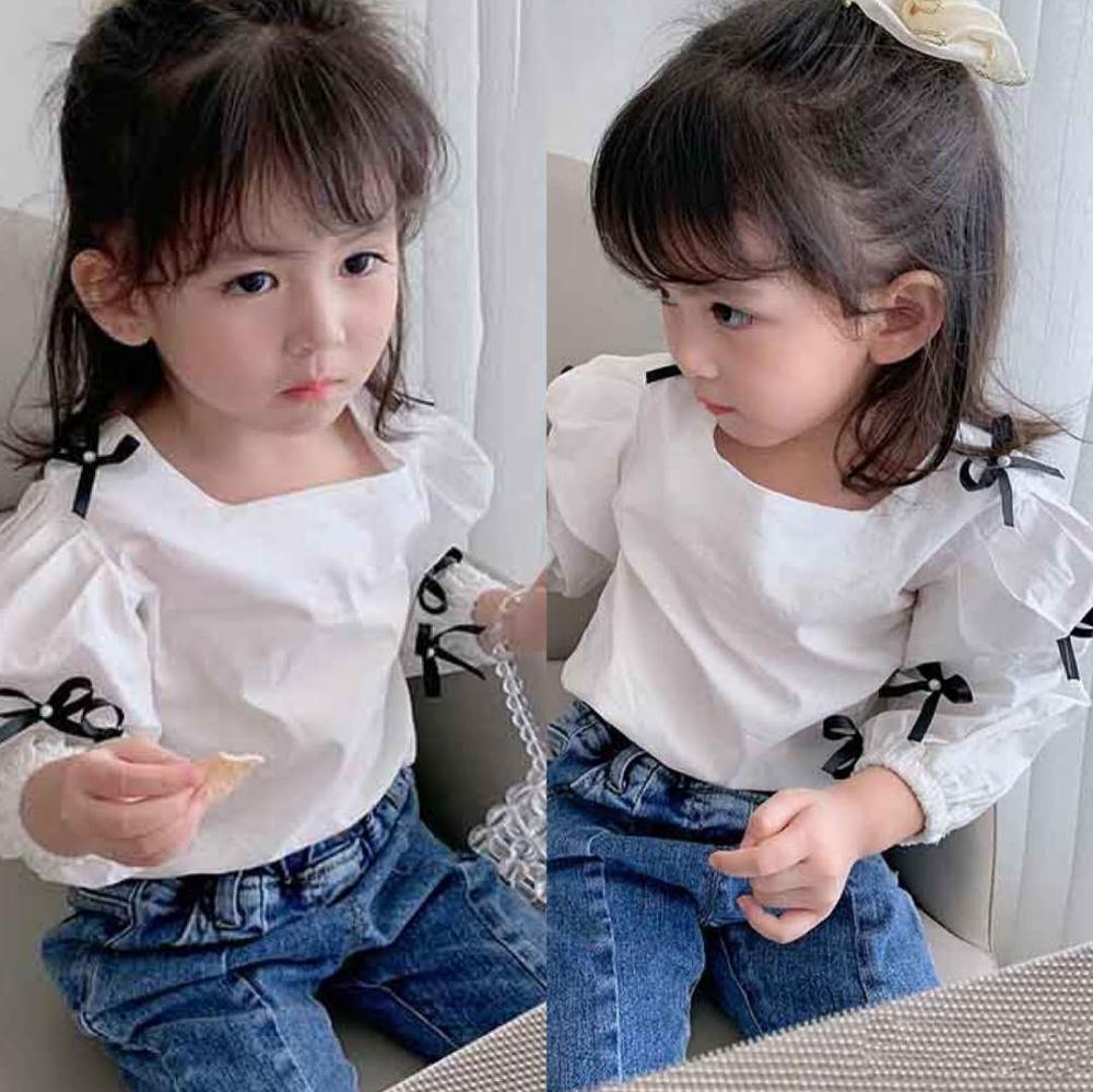 Dla dzieci słodkie łuk-węzeł koszula na jesień, dla dziewczyny koszula z długim rękawem dzieci w wieku 3-8 lat odzież