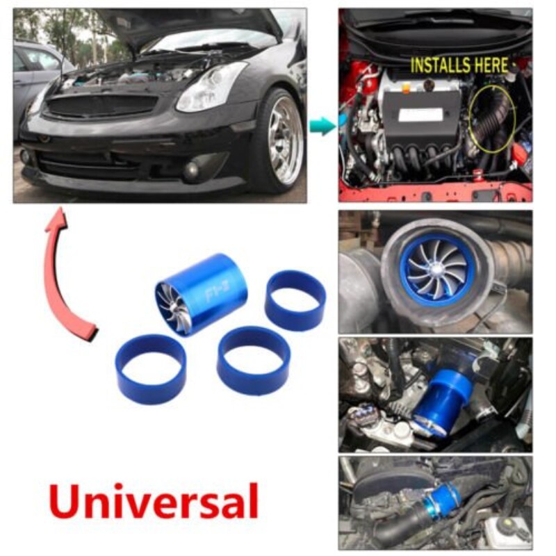 F1-Z Double Turbine Turbo Charger Air Intake Gas Fuel Saver Fan Car Supercharger Black Red Blue