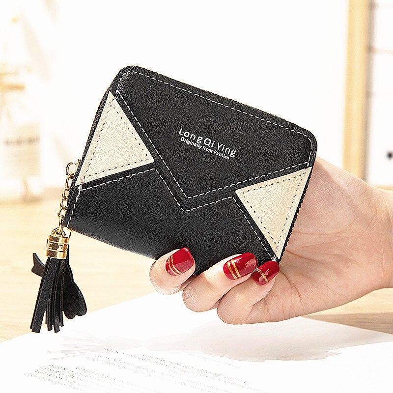 stitching color card clip change small wallet ladies short zipper tassel wallet mini coin purse: Black