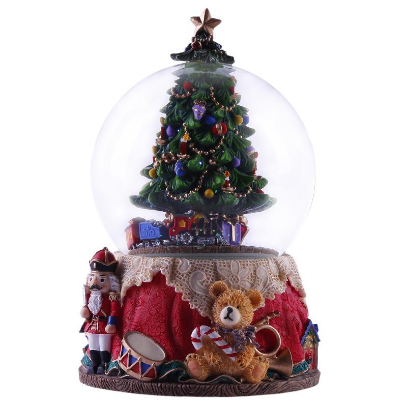 Resin Music Box Crystal Ball Snow Globe Glass Lights With Speaker Spinning Christmas Tree Crafts Desktop Decoration