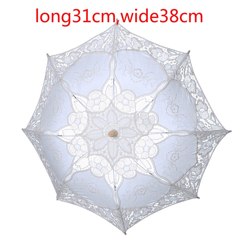 Womens Wedding Bridal Parasol Paraplu Hollow Out Borduren Kant Effen Wit Kleur Romantische Foto Props Met Houten Handvat 8 Ribben