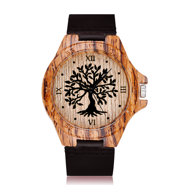 Montre-bracelet Imitation bois pour hommes et femmes, montre à Quartz, Imitation arbre de vie, bracelet en cuir souple