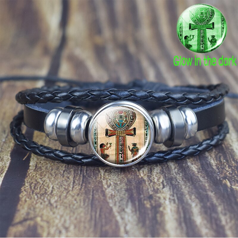 Pulsera de Ankh egipcio que brilla en la oscuridad, brazalete Punk Vintage Antiguo Egipto Anubis Scarab diosa, pulseras multicapa, joyería de amuleto: as show 2