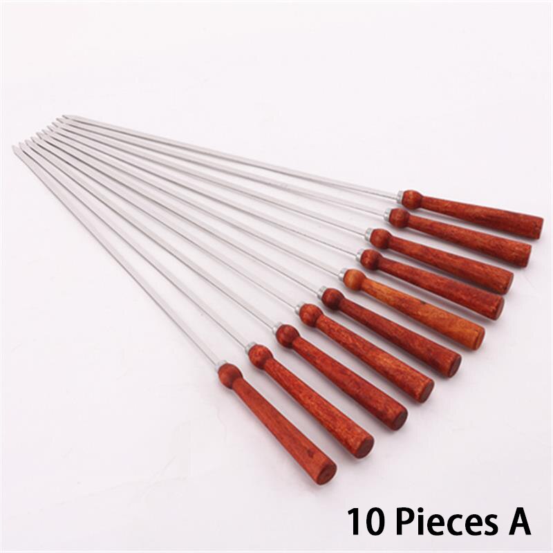 Pinchos planos para barbacoa de madera de 16,5 pulgadas y 42cm, pinchos para barbacoa, aguja con mango de madera, tenedor largo para barbacoa, pinchos para carne, accesorios para barbacoa de acero inoxidable: 10 Pieces A