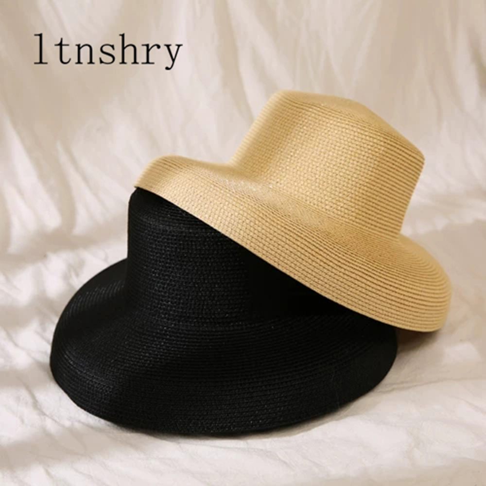 Sorte solhatte bucket cap til kvinder sommer stråhat flad top kvindelig strandhat panama hatte chapeu feminino