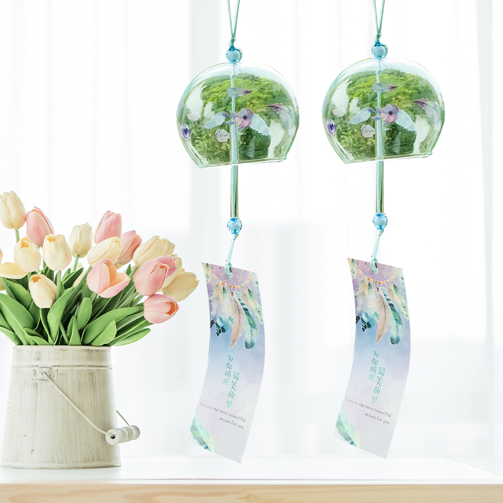 Japanese-style Handmade Painted Flowers Feather Glass Wind Chimes Sticky Note Tassel Pray Blessing Feng Shui Yard &amp; Garden Decor