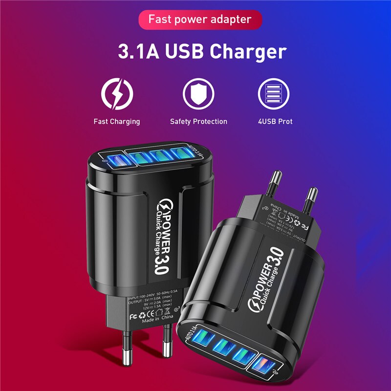 USLION 3A Schnelle Ladegerät Für iPhone 12 11 4 Port 48W Wand USB Ladegerät EU/UNS Stecker Adapter für Samsung huawei Handy Ladegerät