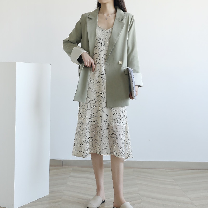 Vår høst blazer jakker stil stor størrelse løs casual dress jakke + kjole kvinner todelt sett  g189